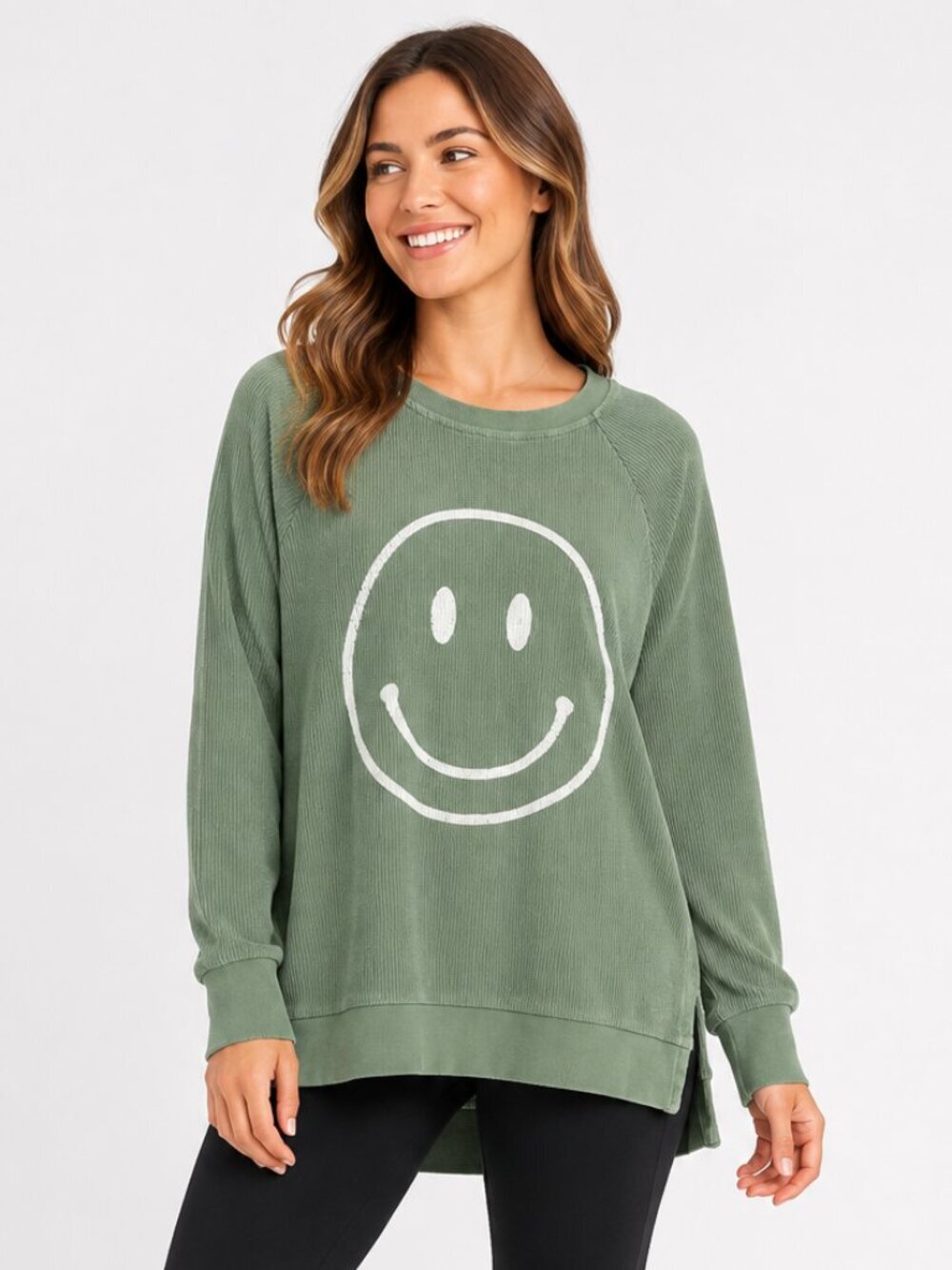 Altar’d State Green Ribbed Smiley Face Oversized Pullover S